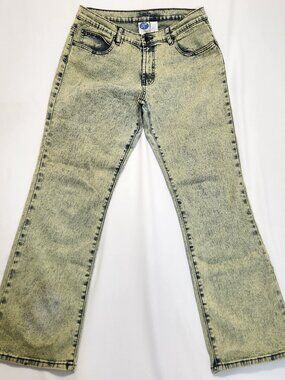 DG2 Diane Gilman Jeans 14 Womens Yellow Acid Wash Blue Stretch Bootcut Flared